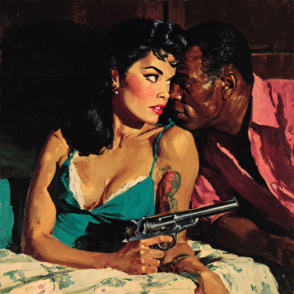 A woman in a slip with a tattooed arm holds a revolver across her lap as a man leans close behind her on a bed.