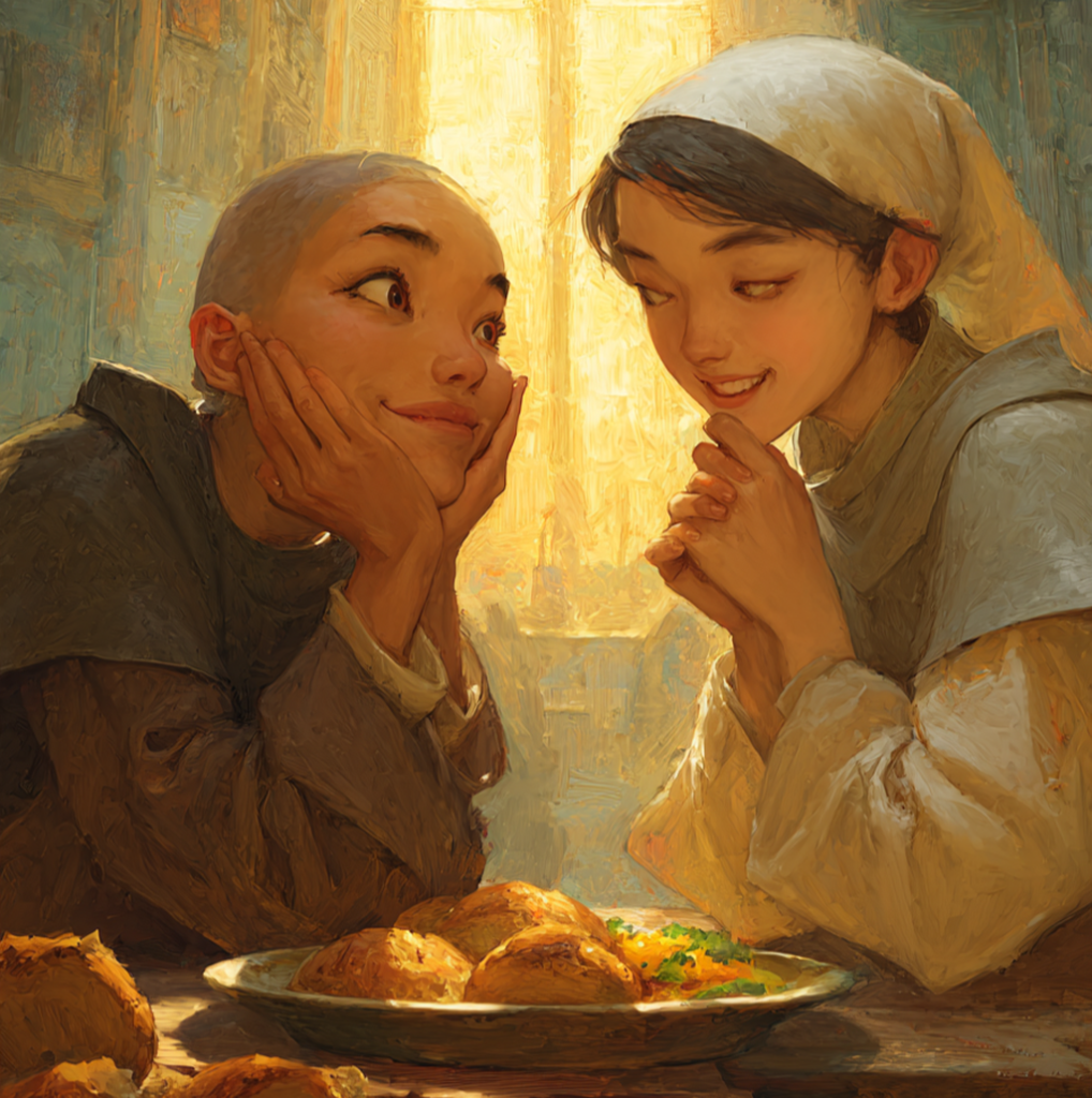 Ruth and Somi lean together over a plate of potatoes, chin in hand, teasing each other