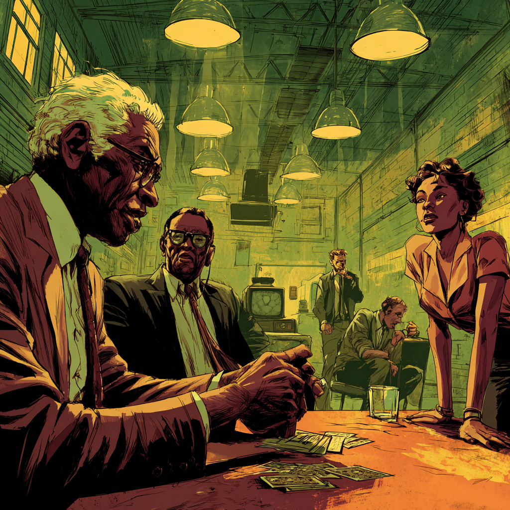 Spades featured: a young woman leans onto a card table where two older men in glasses play cards in an industrial lounge.