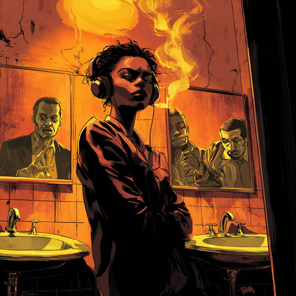 A young woman in headphones stands with arms crossed in a grimy shelter bathroom, two men reflected in the mirrors behind.