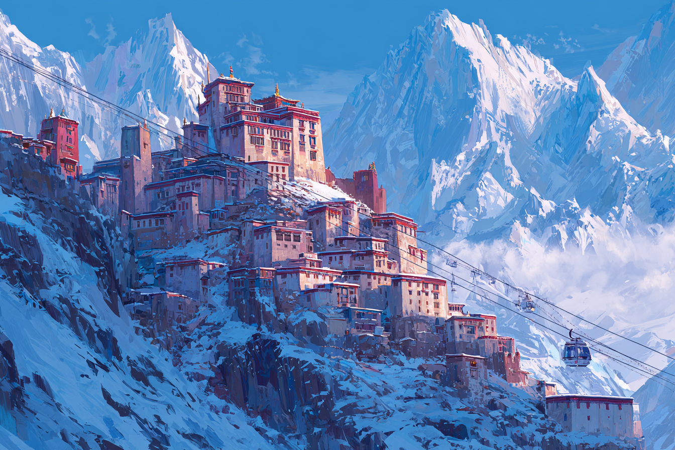 The monastery-university stacked up a cliff face with cable lines strung to the snow peaks