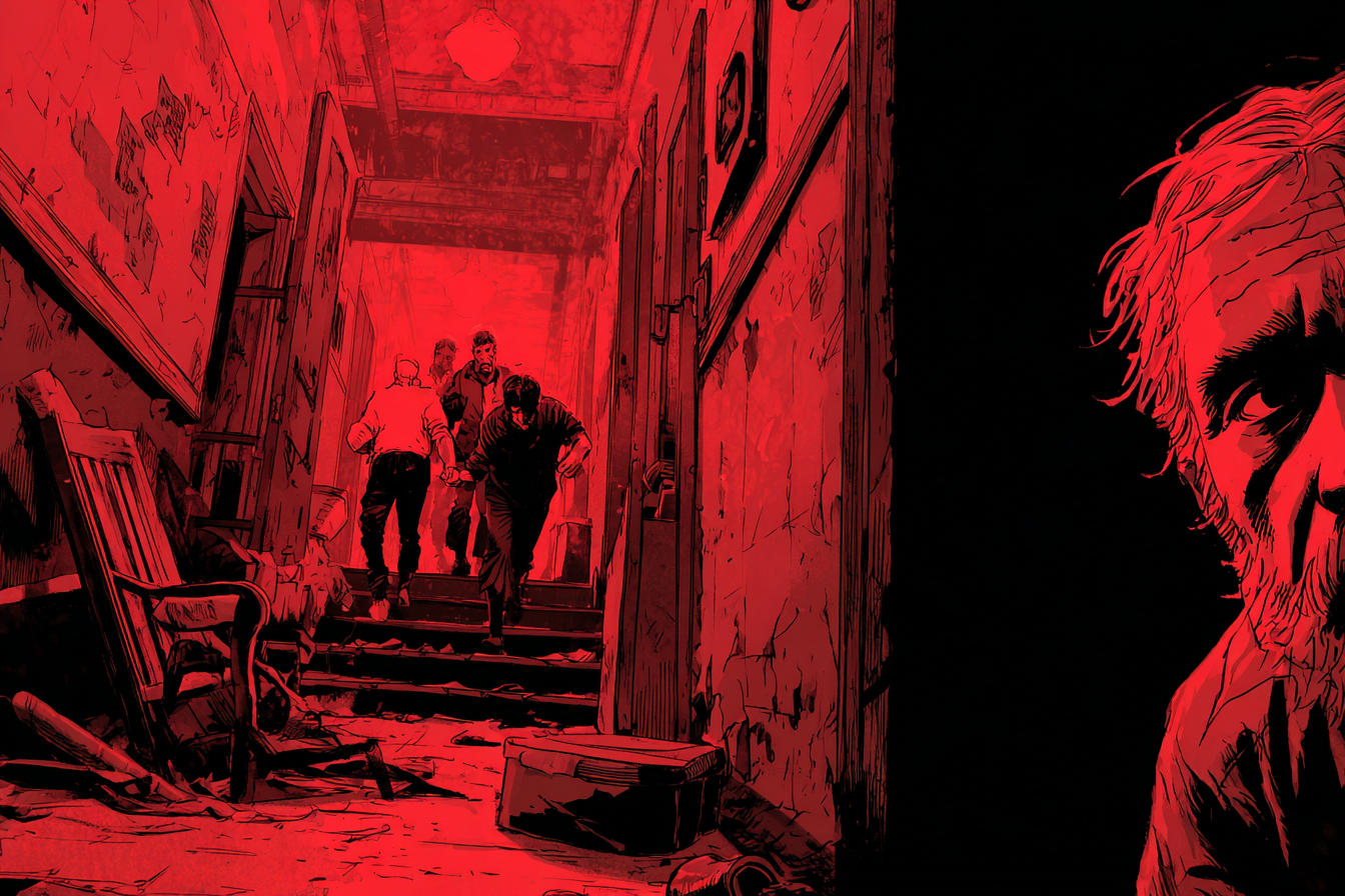 Men scramble up a wrecked, debris-strewn shelter stairwell as a bearded face looms in profile at the edge.