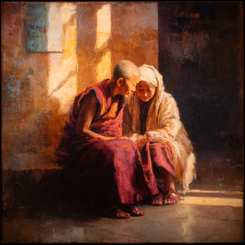 Ruth and the gentle novice sit close on a step in the light from the window