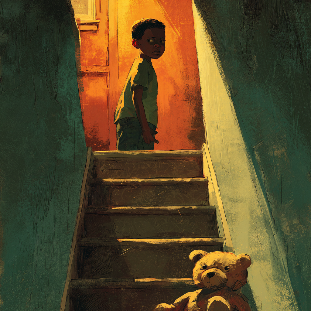 A boy stands at the top of a dim staircase looking back, a teddy bear sitting alone on the bottom steps.
