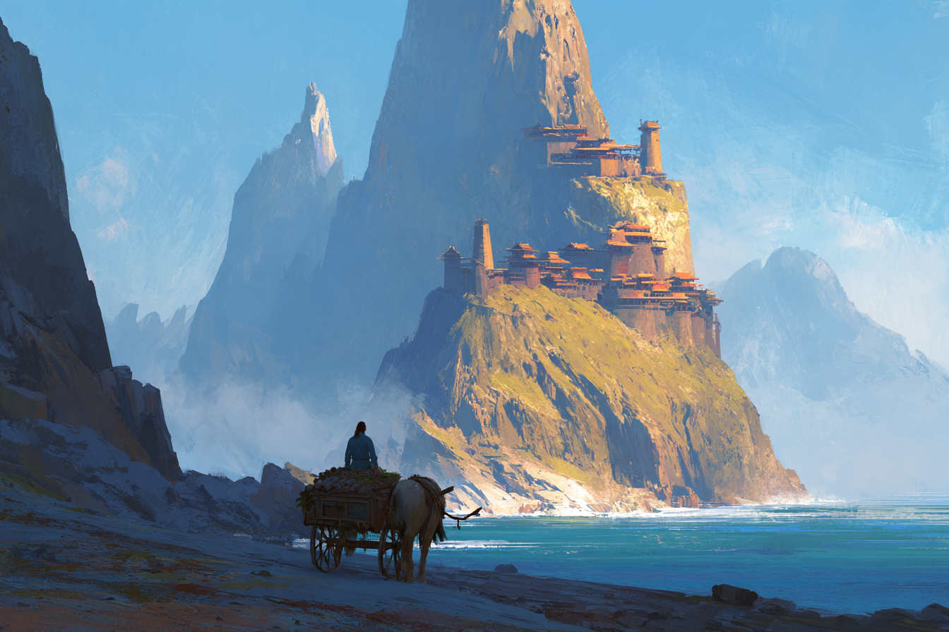 A lone ox-cart on the shore road below a palace-capital built into the sea cliffs