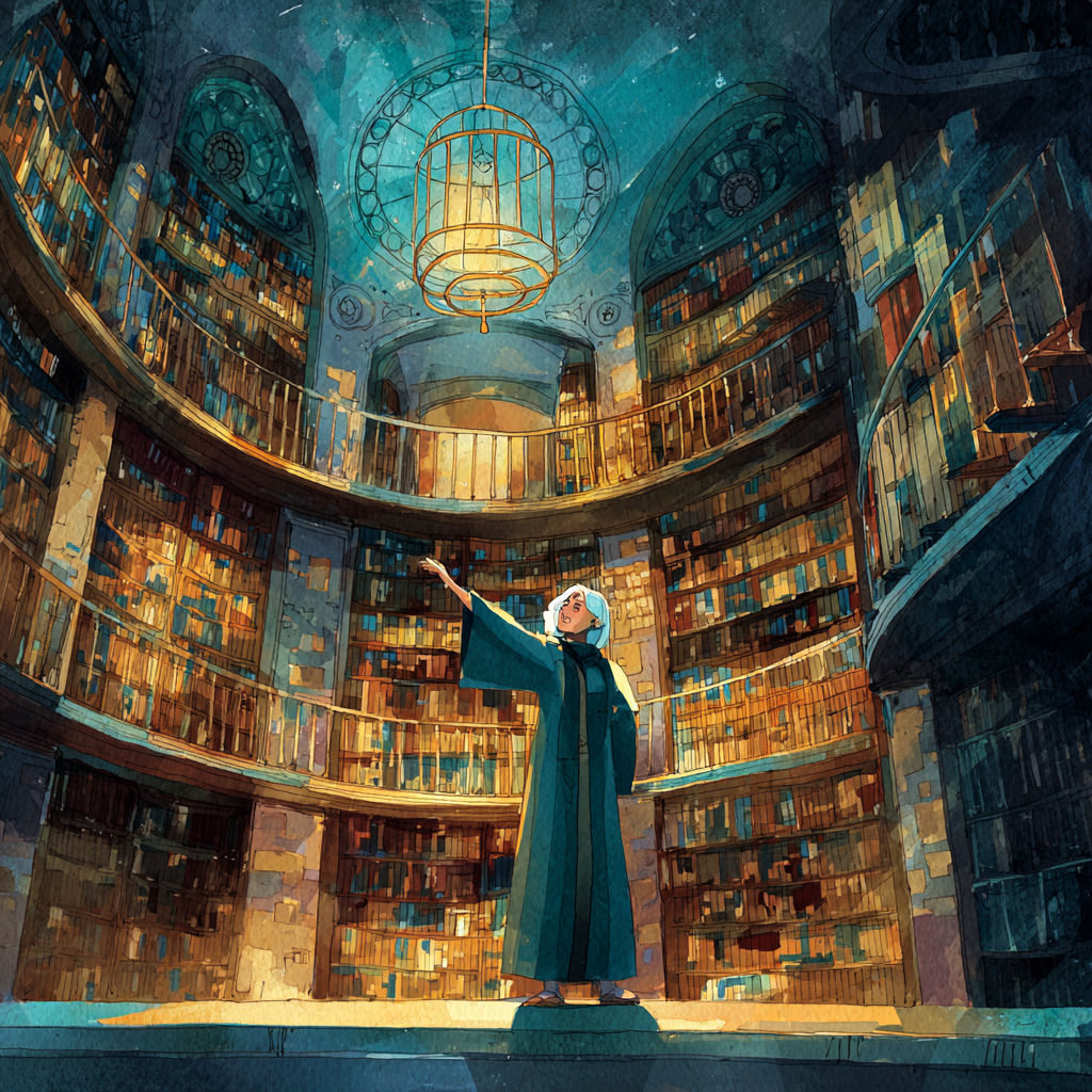 Mother Muni reaches up toward the towering shelves beneath a hanging lantern