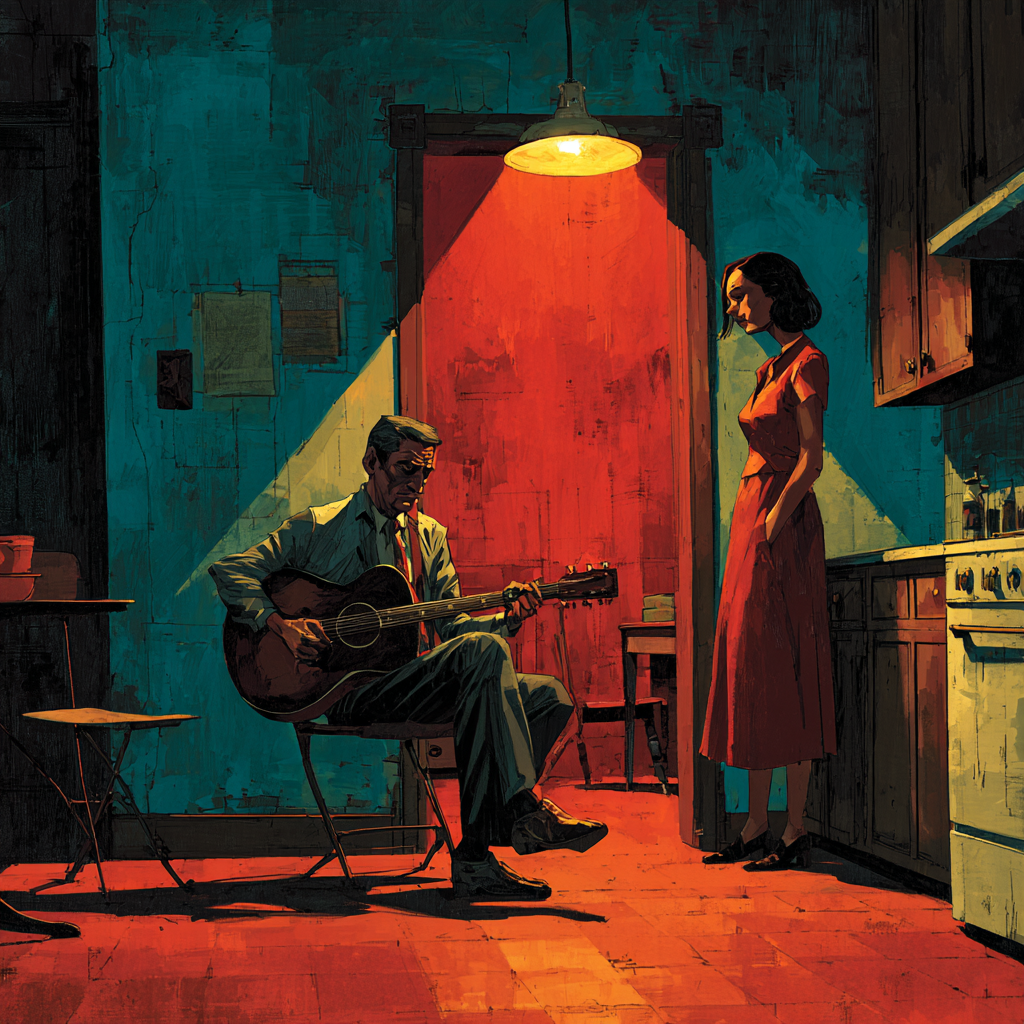 A man sits playing guitar in a kitchen as a woman in a dress watches from a lamplit doorway.