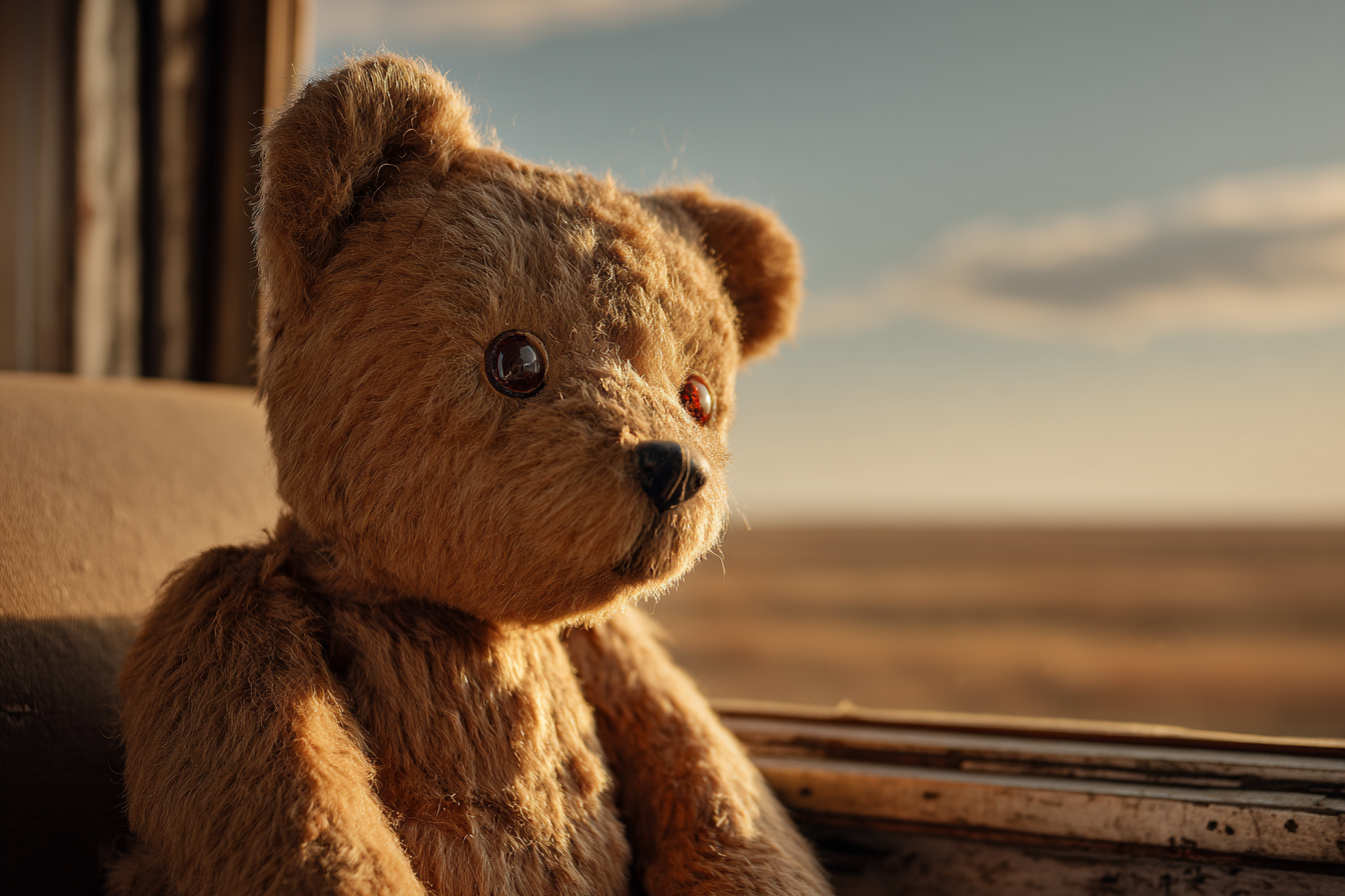 A worn teddy bear sits on a sill gazing out a window at an empty plain stretching to the horizon.