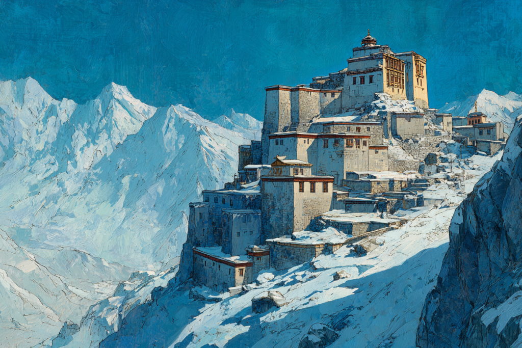 The king’s castle and its terraces crowning a snowbound peak above the range