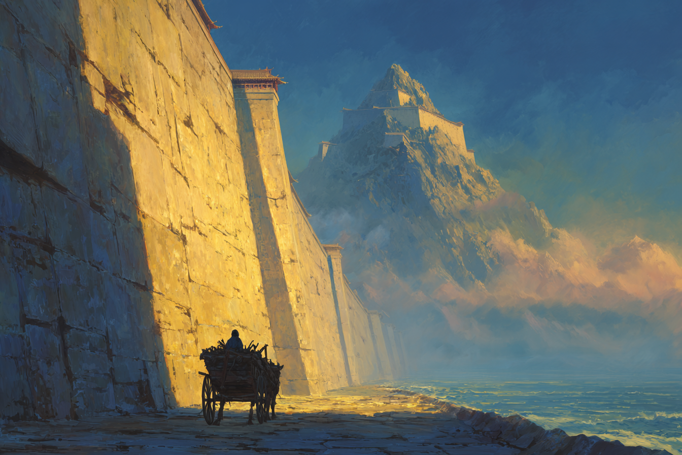 A cart creeps along the foot of a vast city wall at dawn, a fortress on the peak above the sea