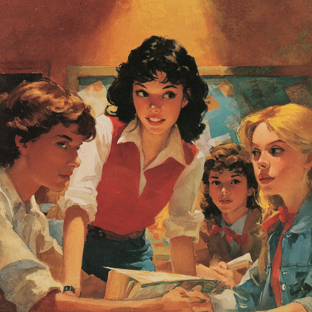 A group of teenage girls lean in together over an open book, one in a vest standing at the center.