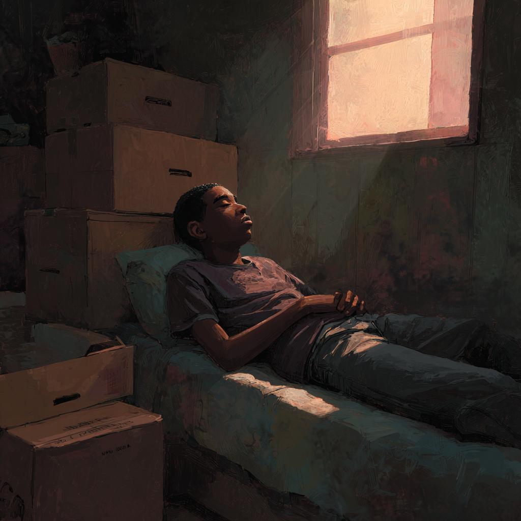 Modern Melvin lies back on a couch among moving boxes, light from a single window