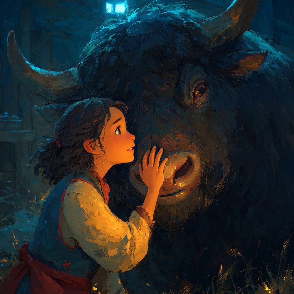 Mei presses a hand to the yak’s muzzle and looks into its eye in the dark of the room