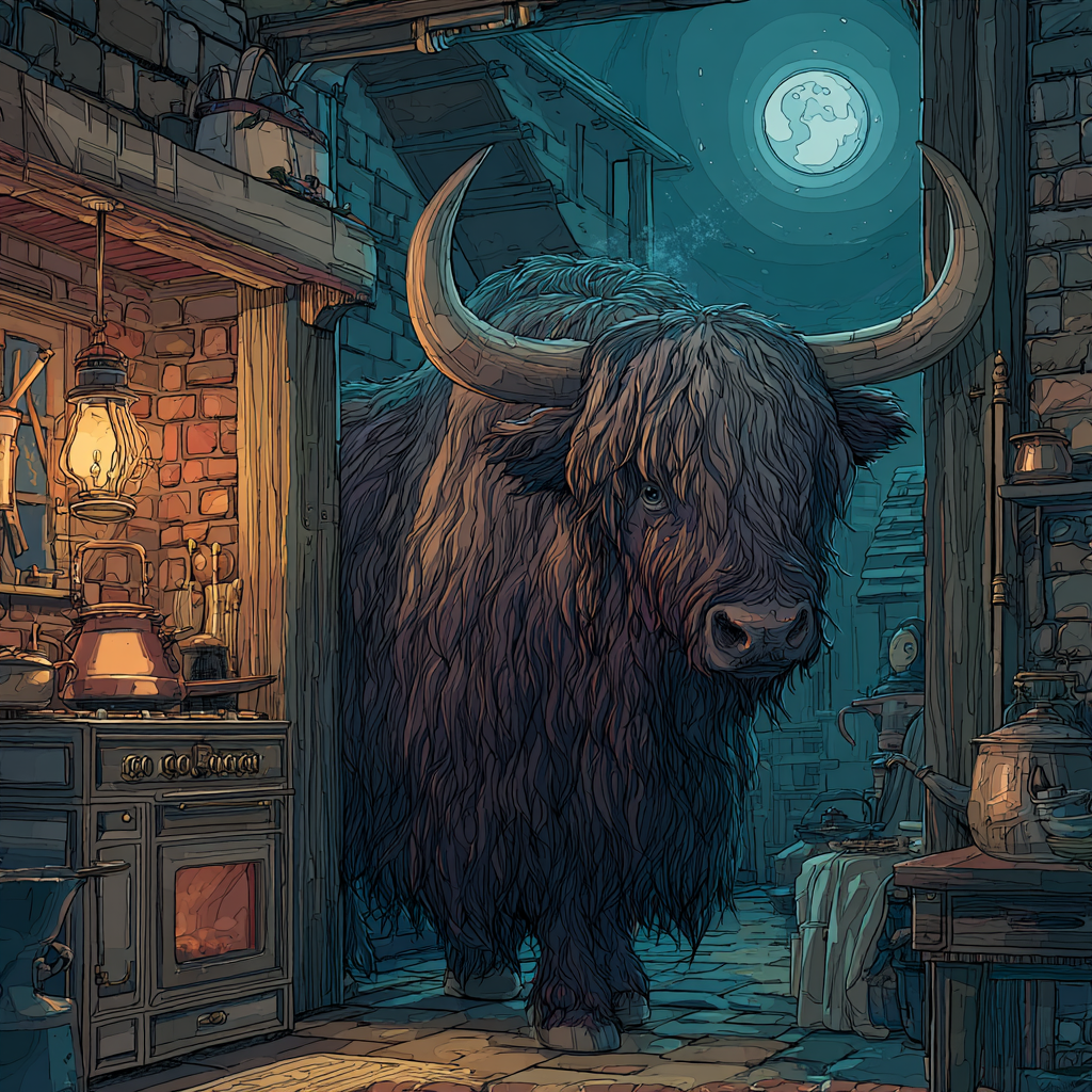 A yak stands squarely in the kitchen doorway under a full moon, stove and hanging lamp to one side