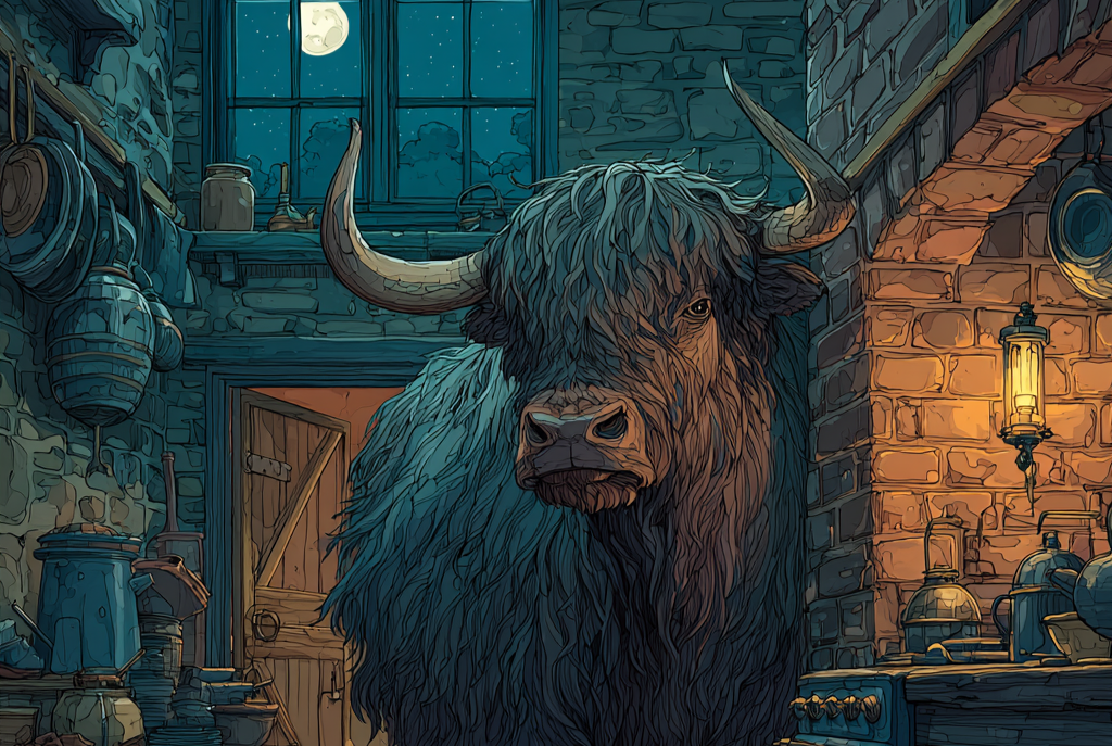 A shaggy yak fills the stone kitchen, its horns spanning the room, moon at the window and lantern lit