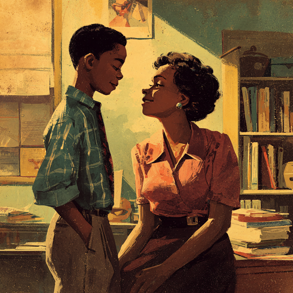 A boy stands facing his teacher, who sits on the edge of a desk in a book-lined classroom.