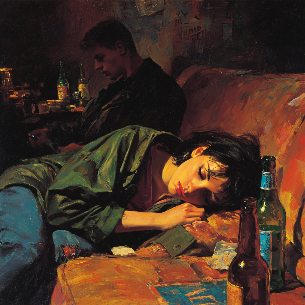 A young woman lies passed out on a couch amid scattered bottles as a man sits behind her smoking in a dim room.