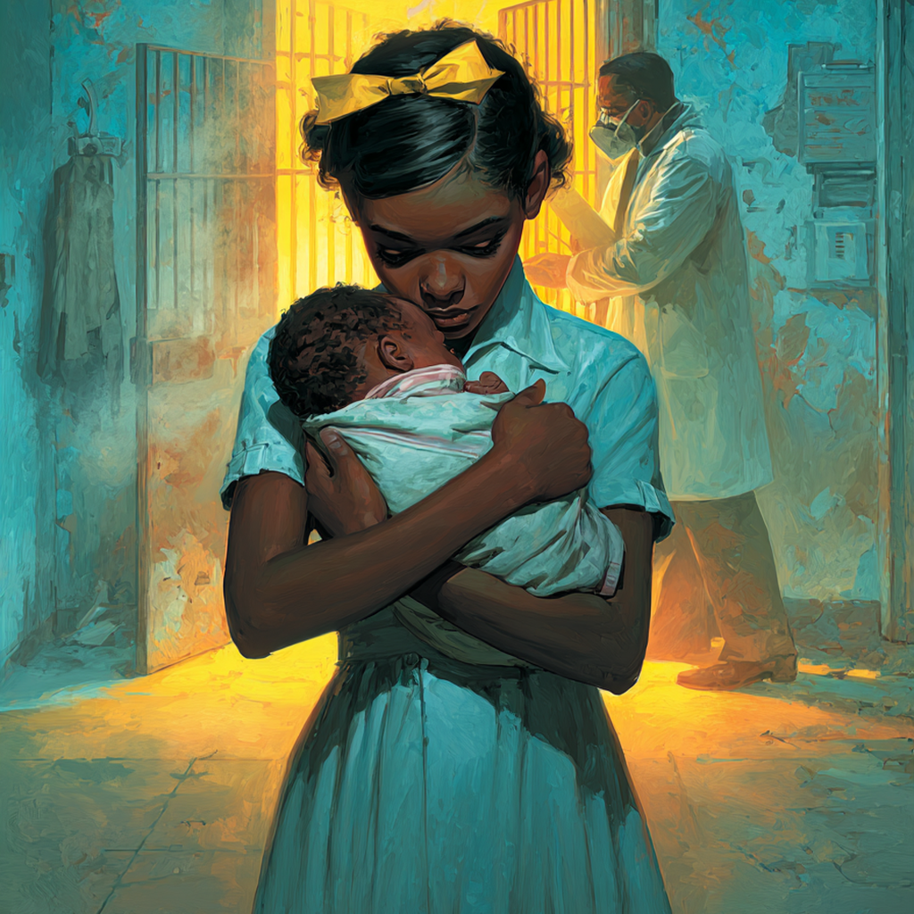 A teenage girl with a hair bow cradles a swaddled newborn to her cheek as a masked doctor works at a barred window behind.
