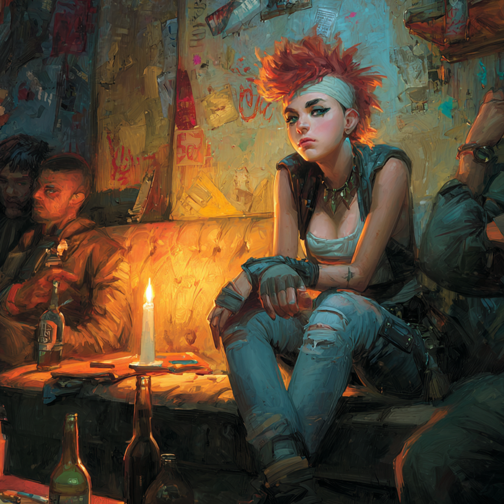 A mohawked punk girl in a headband sits by candlelight in a squat as two men drink on a couch nearby.