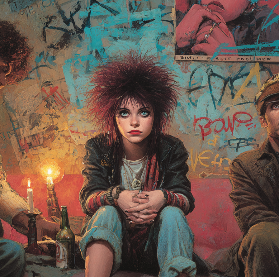 A wild-haired punk girl sits against a graffiti wall by candlelight, a bottle before her and others seated around.