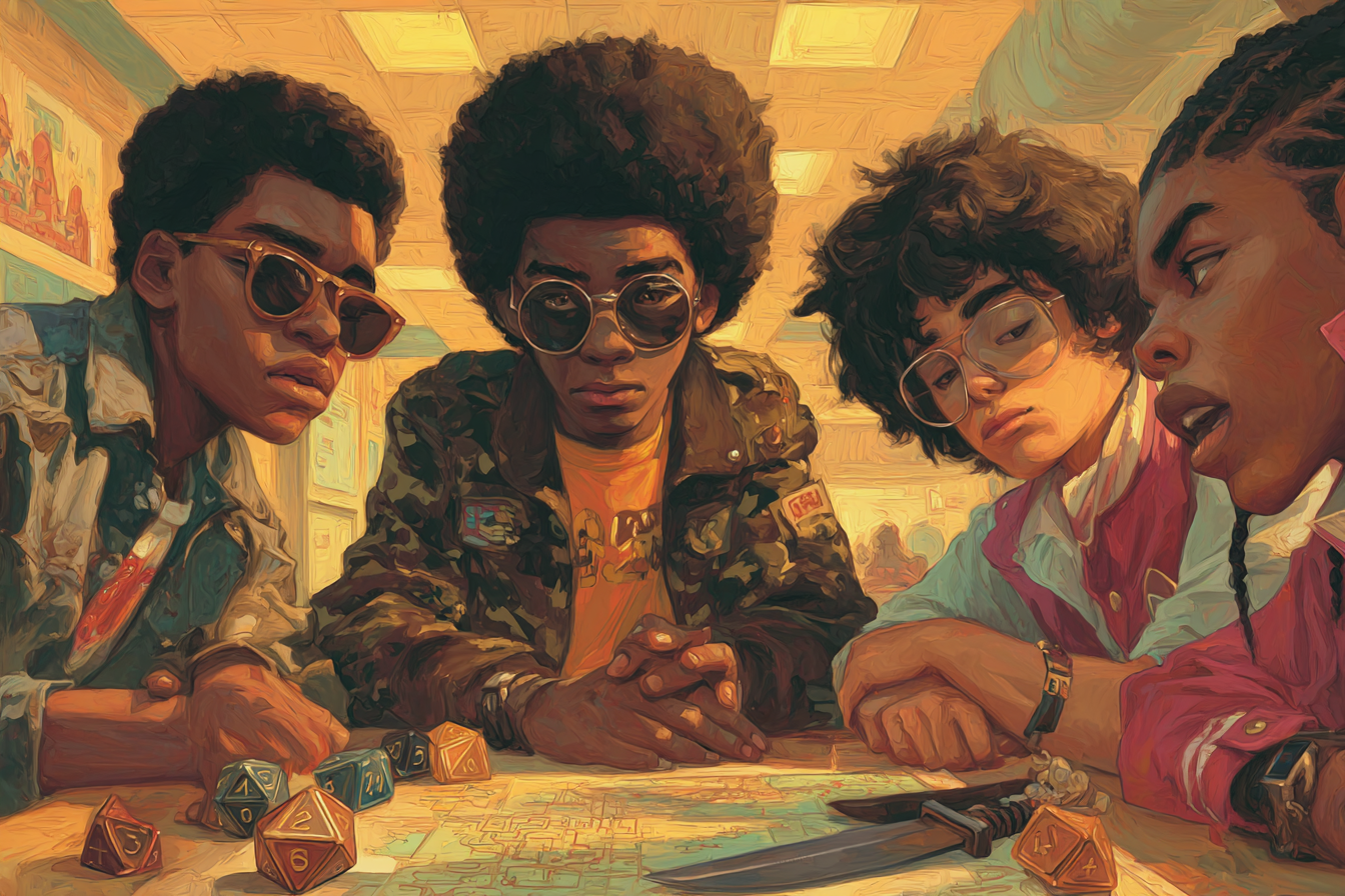 Four teens in sunglasses and jackets huddle over a map with polyhedral dice and a knife on the table.