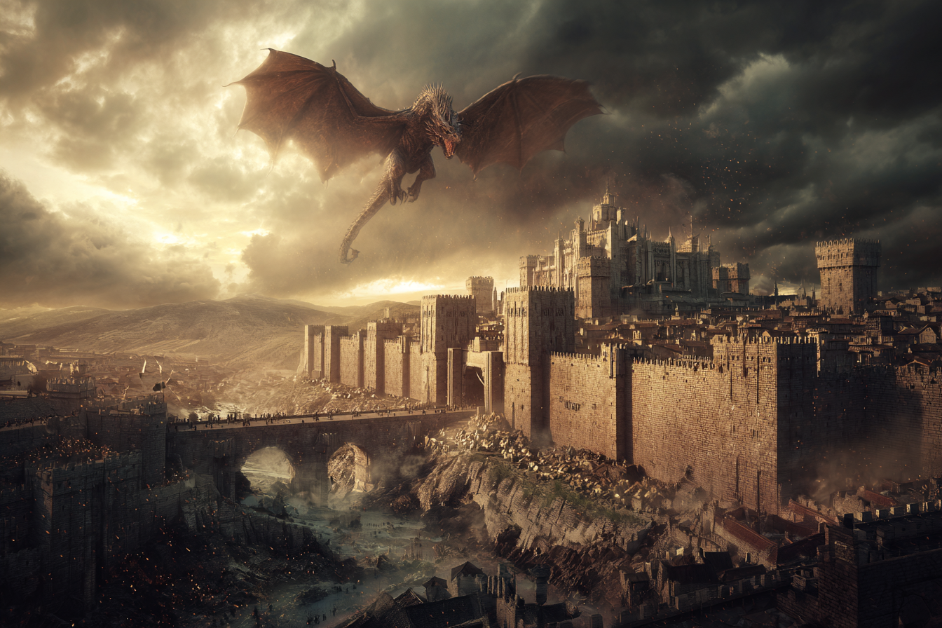 A winged dragon soars over a vast walled medieval city and its bridge under a stormy sky.