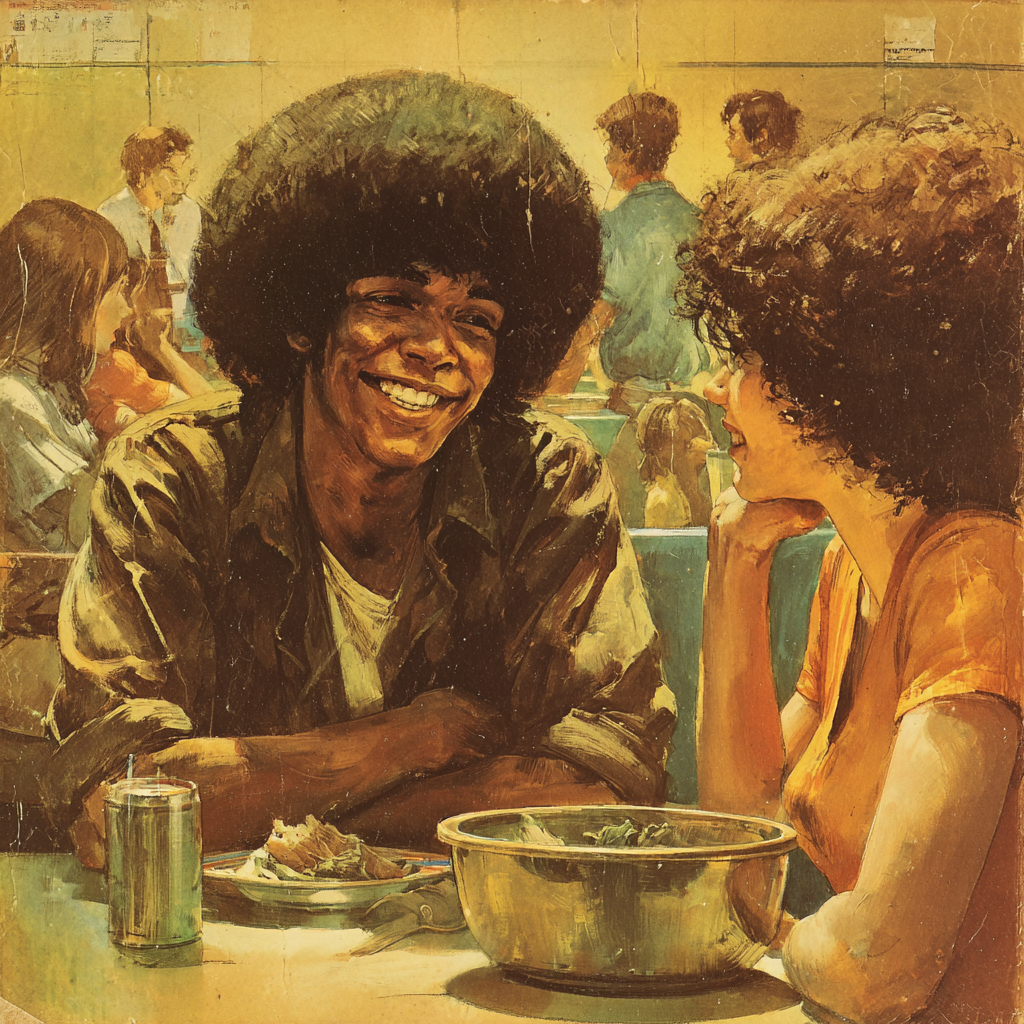 A boy with a big afro laughs across a cafeteria table with another teen, a bowl and tray between them.