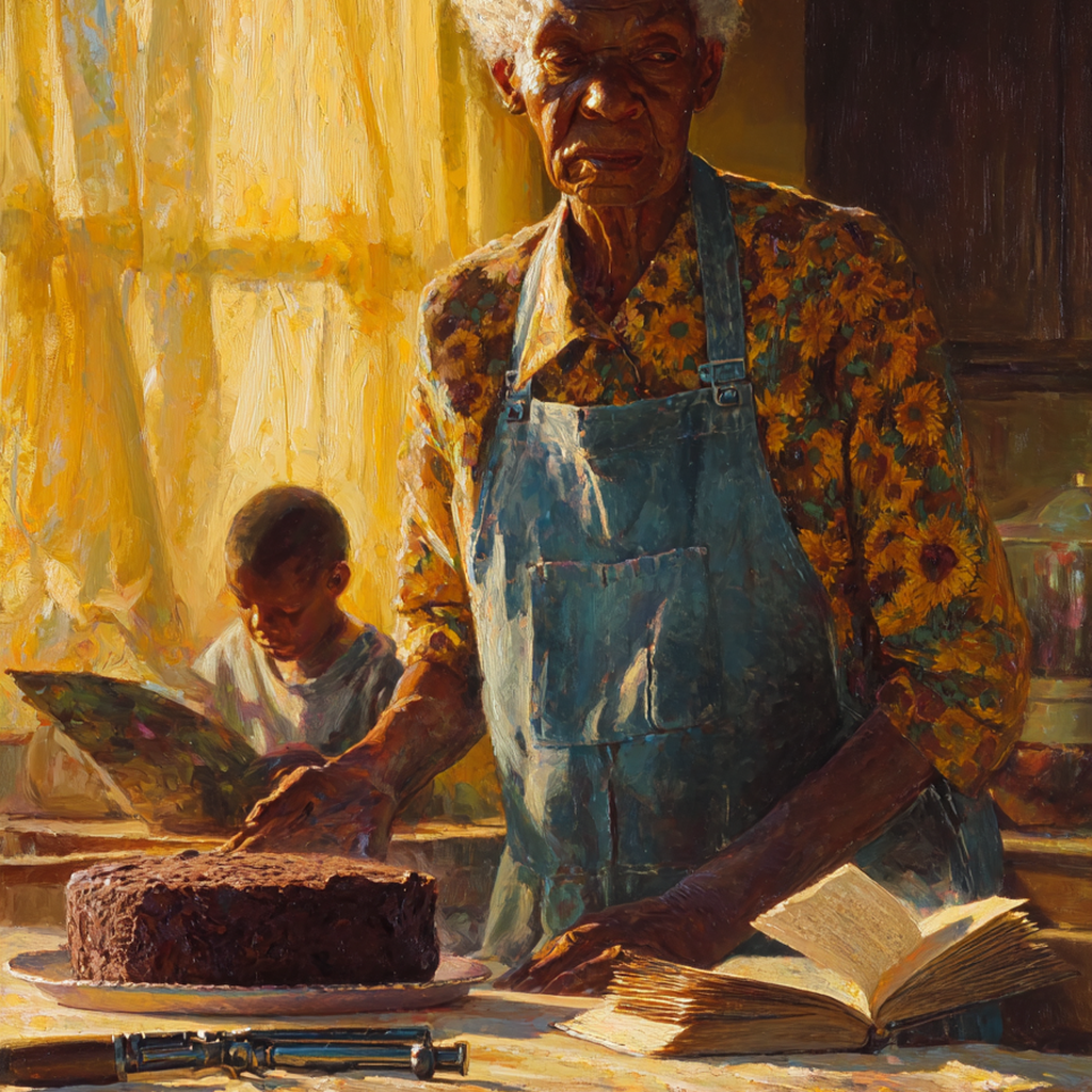 An elderly woman in an apron stands at a table with a whole cake, a young boy reads beside her, a book and revolver nearby.
