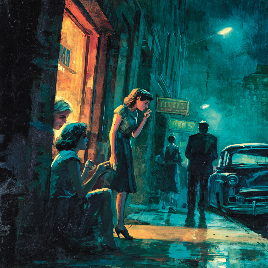 Women stand by a lit doorway on a rainy neon street corner at night, a vintage car and a passerby beyond.