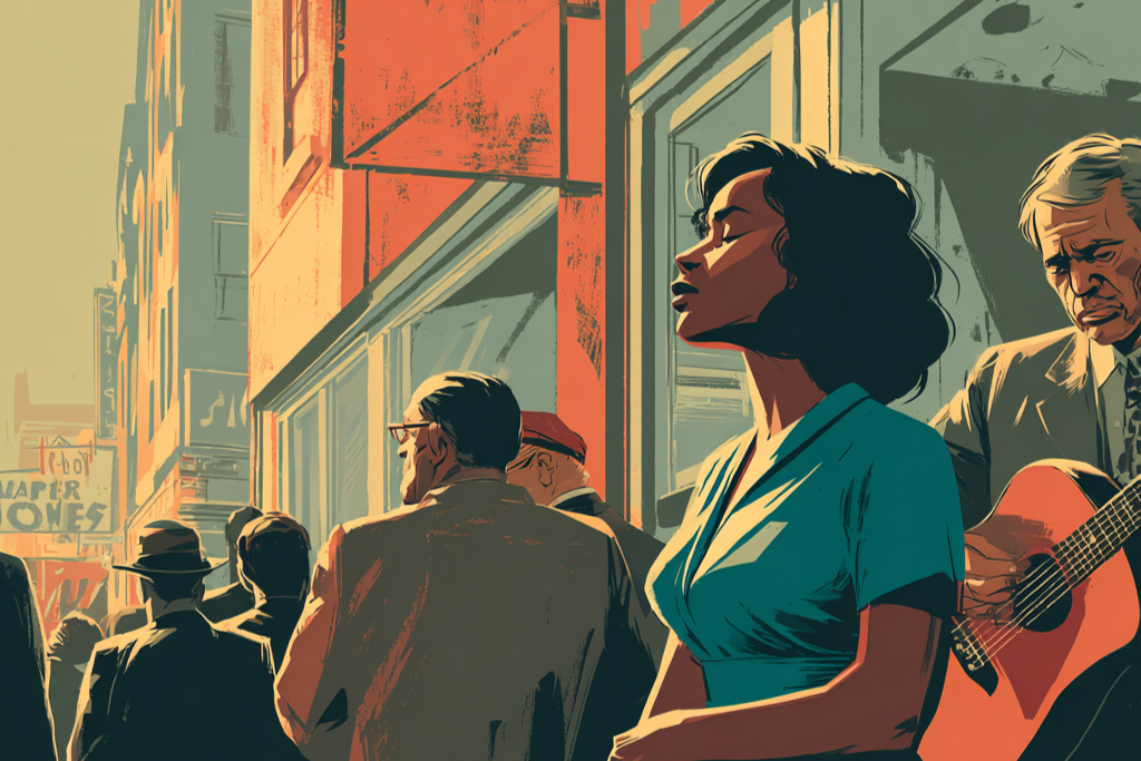Blues for Mister Rook featured: a woman in a dress stands amid a street crowd as a man with a guitar looks on.