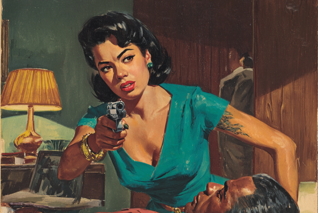 A Portrait of the Addict featured: a woman in a dress levels a revolver at the viewer as a man lies on the bed behind her.