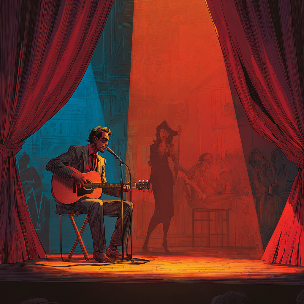 A man plays guitar on a curtained stage under a spotlight, a woman standing behind him and cafe patrons watching in the glow.