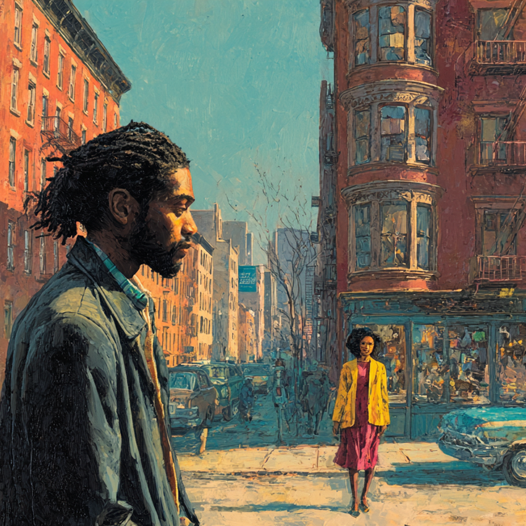 A man with locs stands in profile on a sunlit street corner, a woman crossing the intersection behind him.