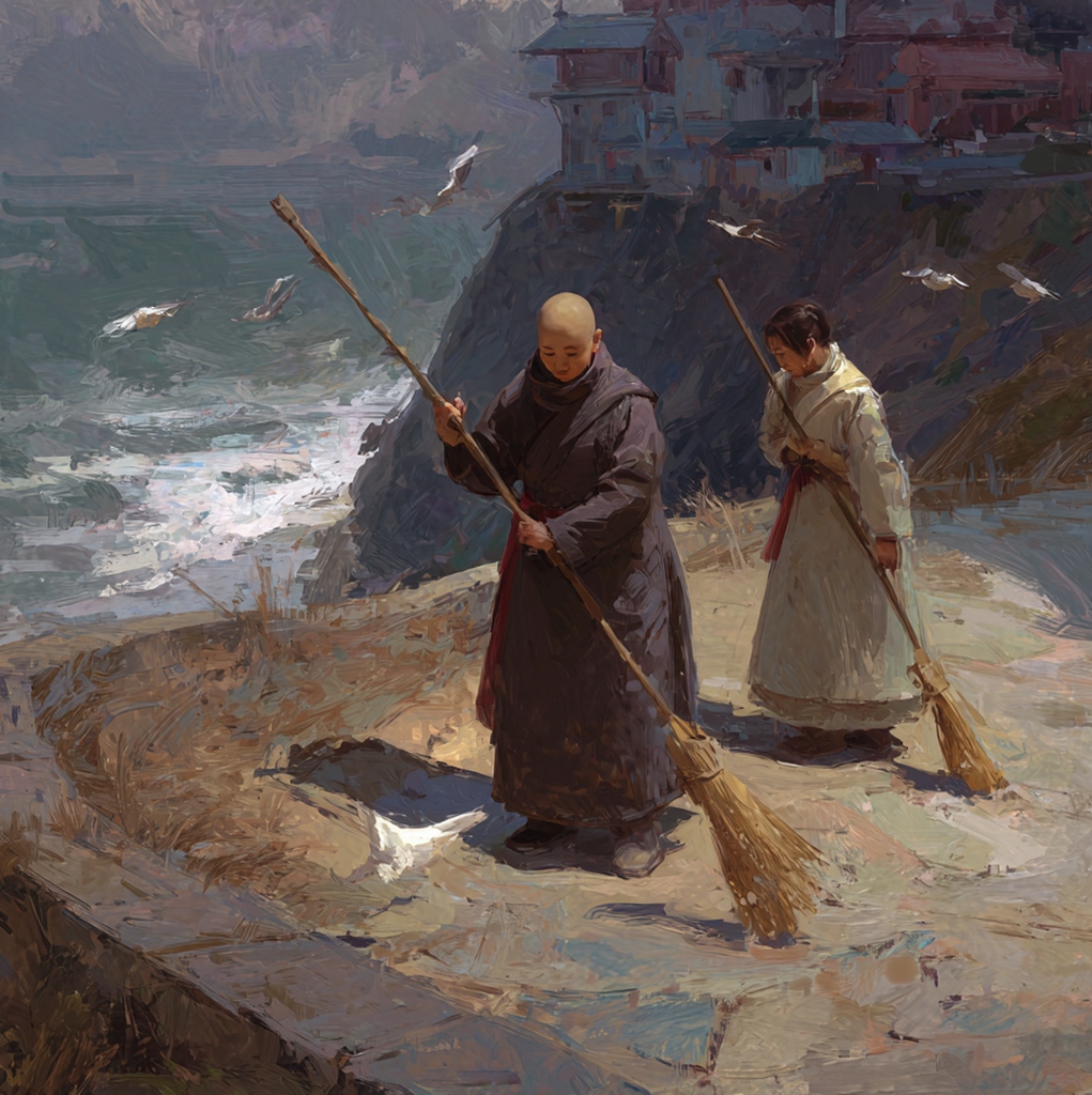 Two sisters sweep the cliff path above the sea, gulls wheeling and the seminary on the ridge
