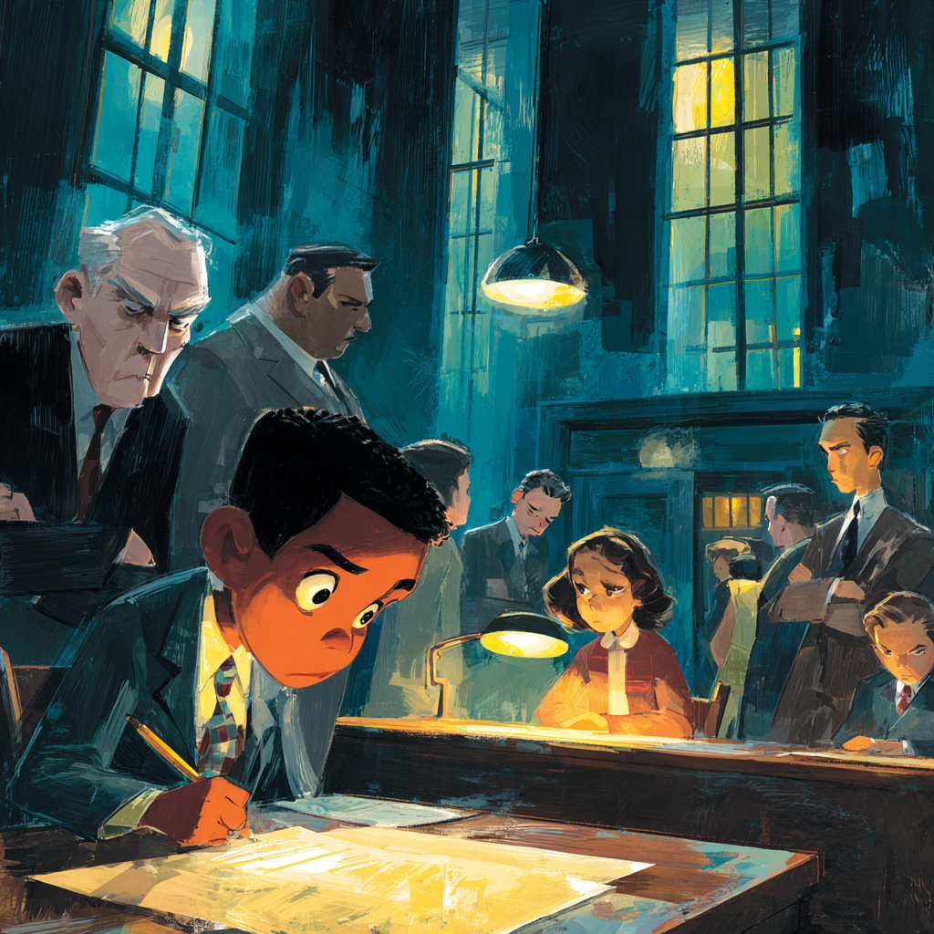 A boy bends over a test at a lamplit desk while several men in suits loom and watch; a girl sits at the next desk.
