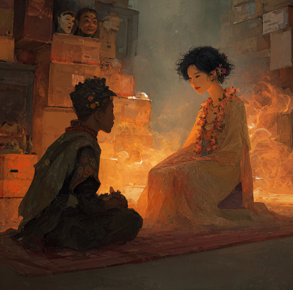 Young Melvin sits facing Mei in flowers and lit silks among the crates, painted masks watching from a shelf