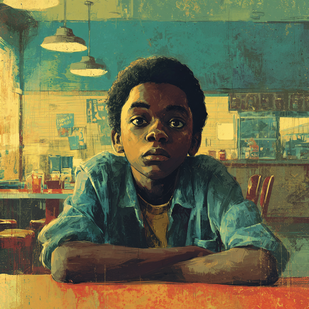 A solemn Black boy leans on his arms alone at a cafeteria table, empty tables and pendant lights behind him.