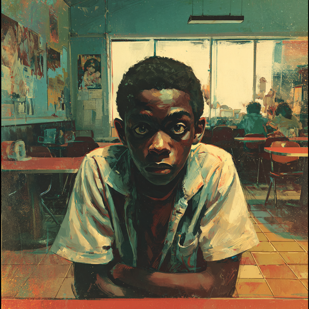 A Black boy sits alone at an empty cafeteria table, a bright window and a few distant students behind.